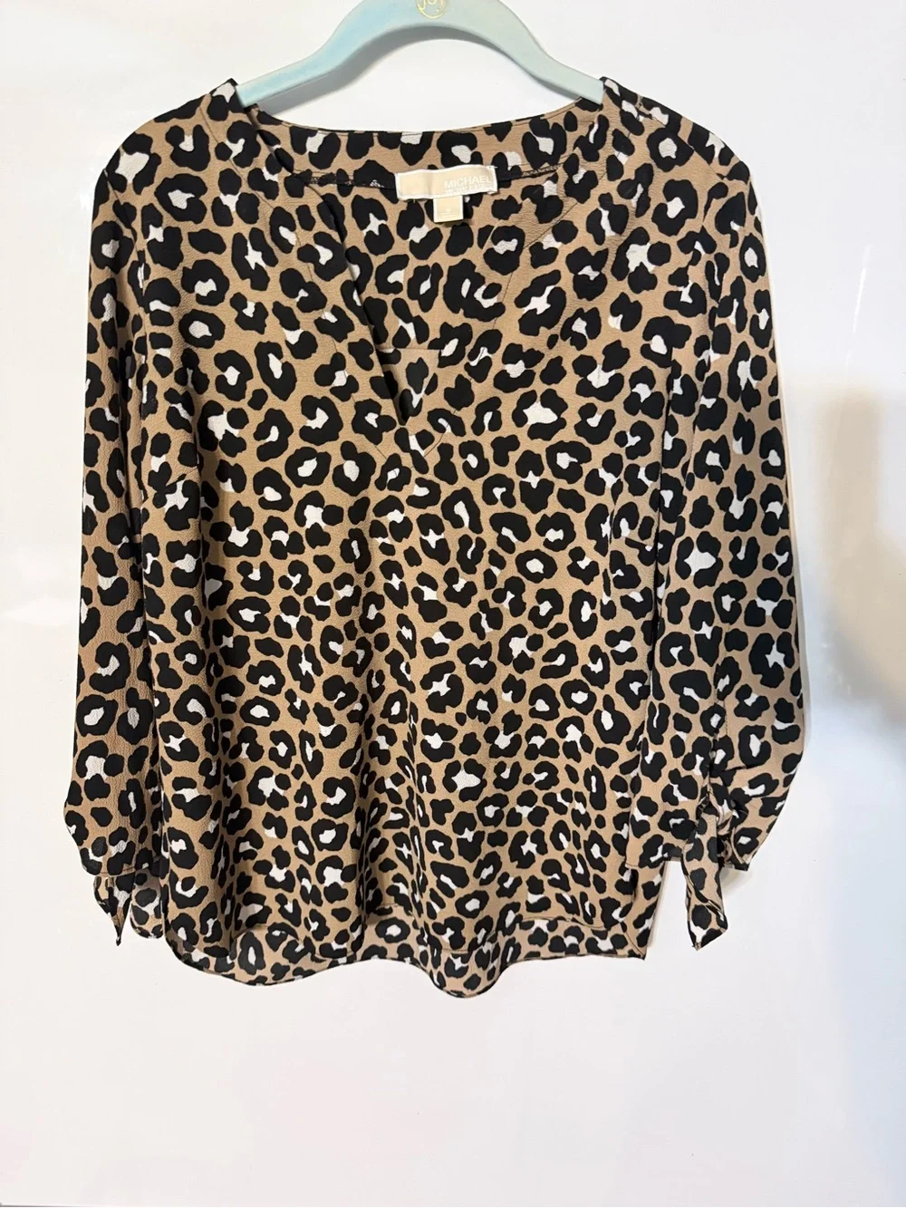 Michael Kors Leopard Print V-Neck Blouse in Tan and Black